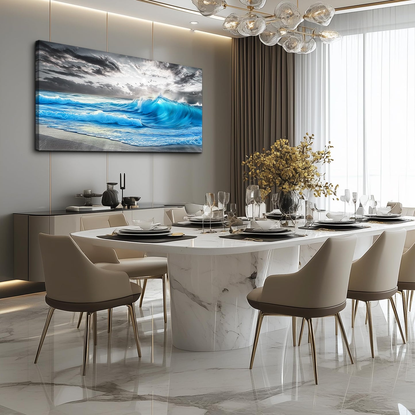 PHAOHUAXM Large Canvas Beach Wall Pictures Wall Decor For Living Room Wall Art For Bedroom Office Decorations Blue Sea Wave Ocean Painting Printing Artworks Modern Restaurant Home Decor 20x40 In