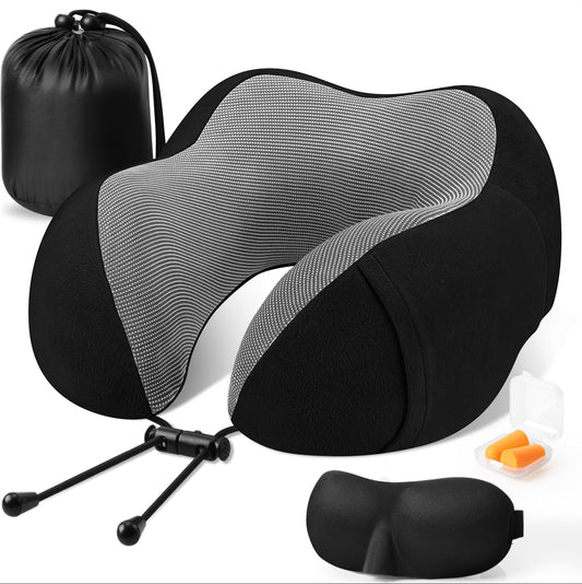 CloudBliss Travel Pillow for Airplane, Memory Foam Neck Pillow for Travel, Compact Flight Pillow with Eye Mask, Earplugs, Carry Bag, Travel Neck Pillow for Long Flight Sleep, Plane Accessories, Black