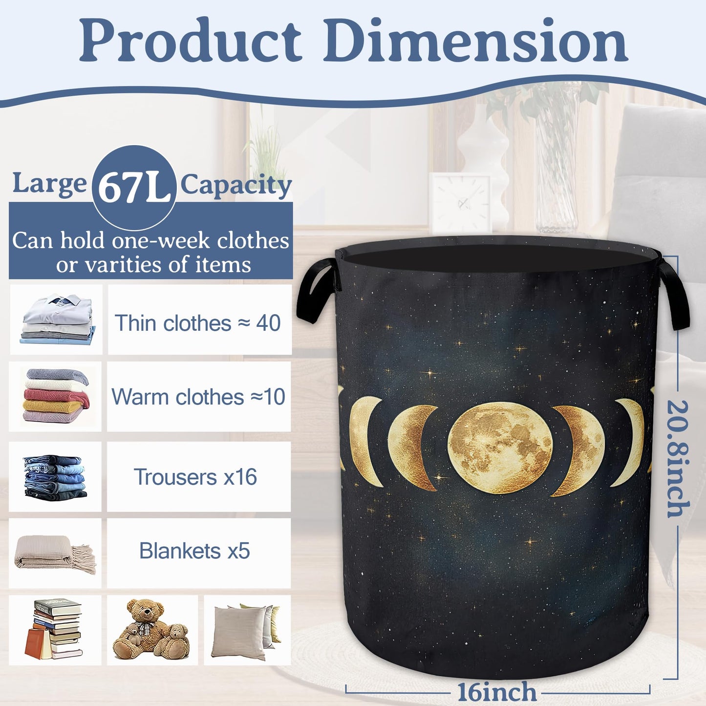 Lunar Phases Laundry Basket,Foldable Oxford Cloth Moon Laundry Hamper with Handles, 20.8"x16" Tote Bag Clothes Storage Bucket for Laundry Room/Bathroom/Bedroom/Dormitories