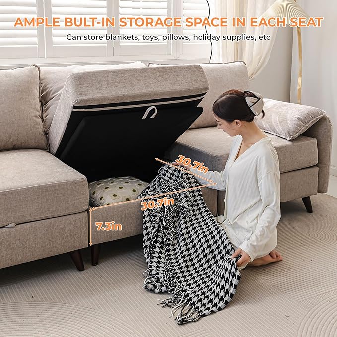 135'' Modular Sectional Sofa with Seats Storage, Oversized U Shaped Couch for Living Room,4-Seater Comfy Cloud Couches with Deep Seat,Movable Ottoman,2 Throw Pillow,Chenille,Khaki