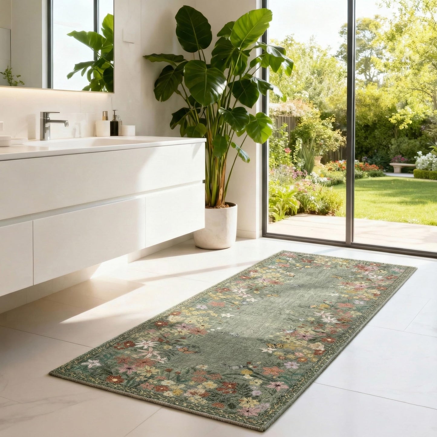 KUEAO 2x6 Kitchen Runner Rug for Hallway, Washable Runner Rug with Non Slip Backing, Low Pile Soft Boho Floral Carpet for Kitchen Hallway Entryway Laundry Bedroom 24x72 Inch Green