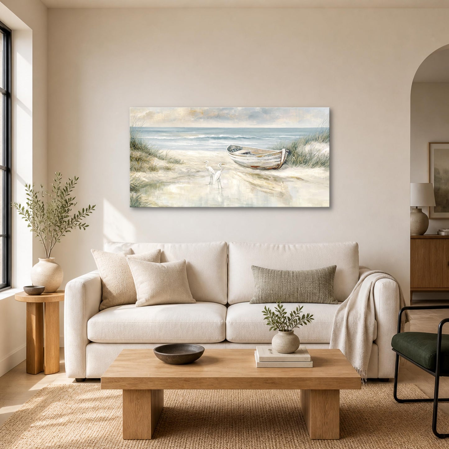 SENROLAN Coastal Wall Art for Living Room, Horizontal Seascape Canvas Wall Art with Boat and Birds, Neutral Ocean Picture for Bedroom, Large Beach Wall Decor, Ready to Hang, 24x48 Inch