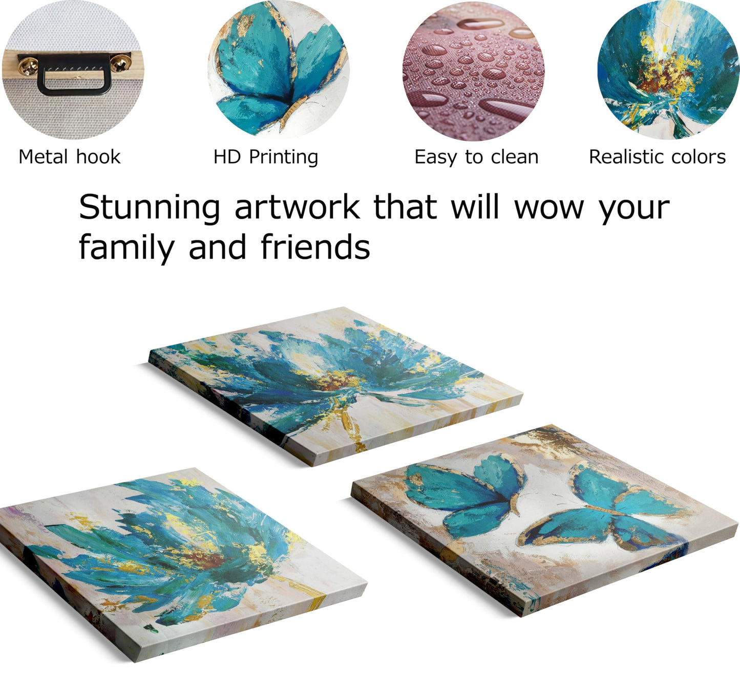 Abstract Blue and Gold Floral Canvas Wall Art Set of 3, with Gold Foil Outline, Stretched and Framed Canvas Artwork with Hanging Hooks & Nails, Modern Wall Decor for Living Room Bedroom Bathroom