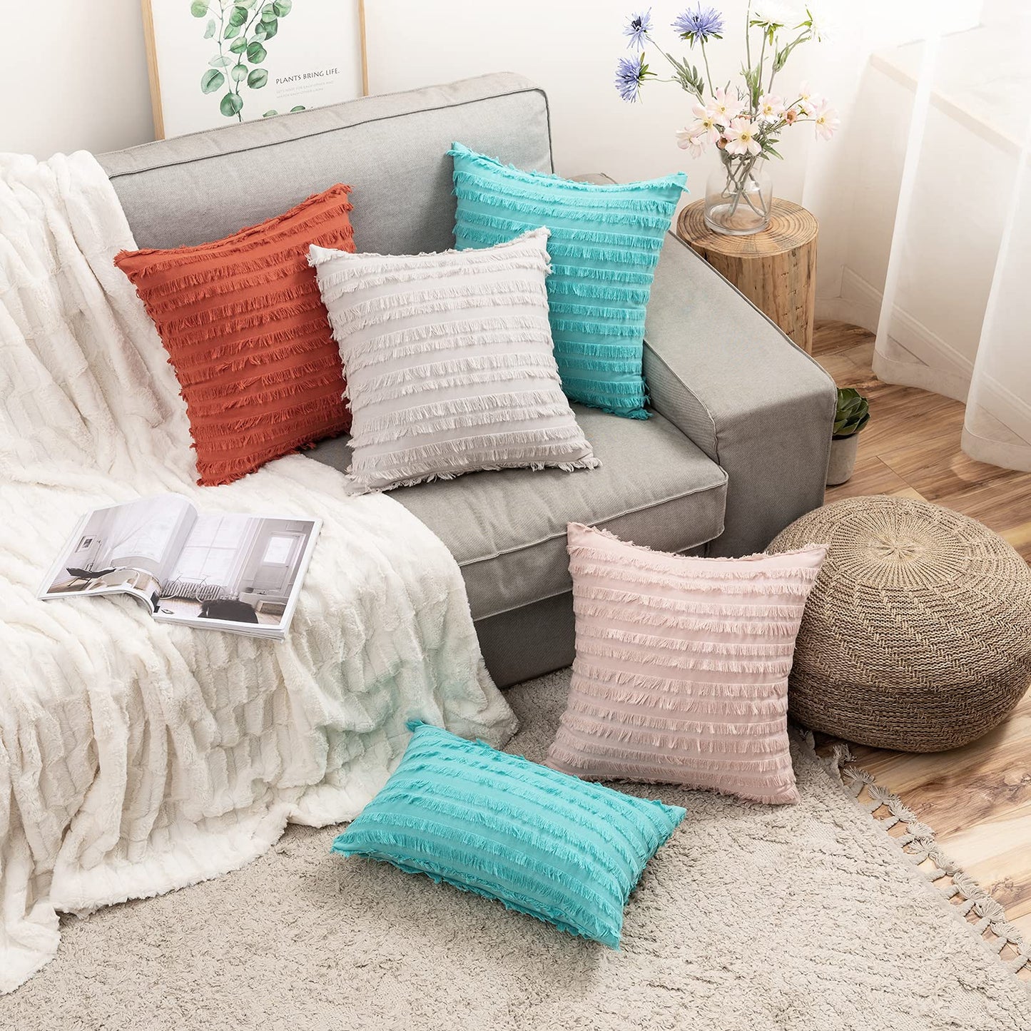 MIULEE Set of 2 Decorative Boho Throw Pillow Covers Linen Striped Jacquard Pattern Summer Cushion Covers for Sofa Couch Living Room Bedroom 20x20 Inch Light Blue
