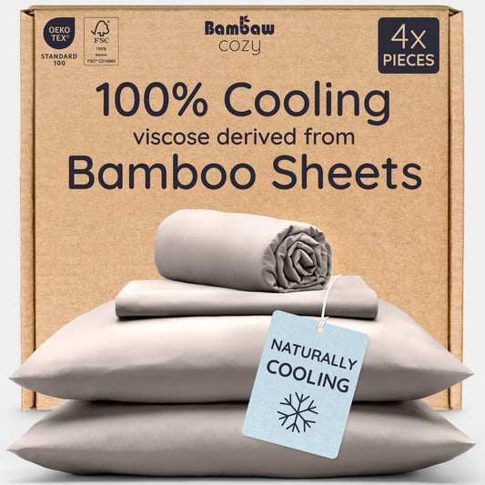 Bambaw 100% Viscose Derived from Bamboo Sheets Queen Size Set – 4pcs Cooling Sheets for Hot Sleepers, Soft Deep Pocket Queen Sheet Set Fits Up to 16'' with Elastic Corner Straps (Sand)