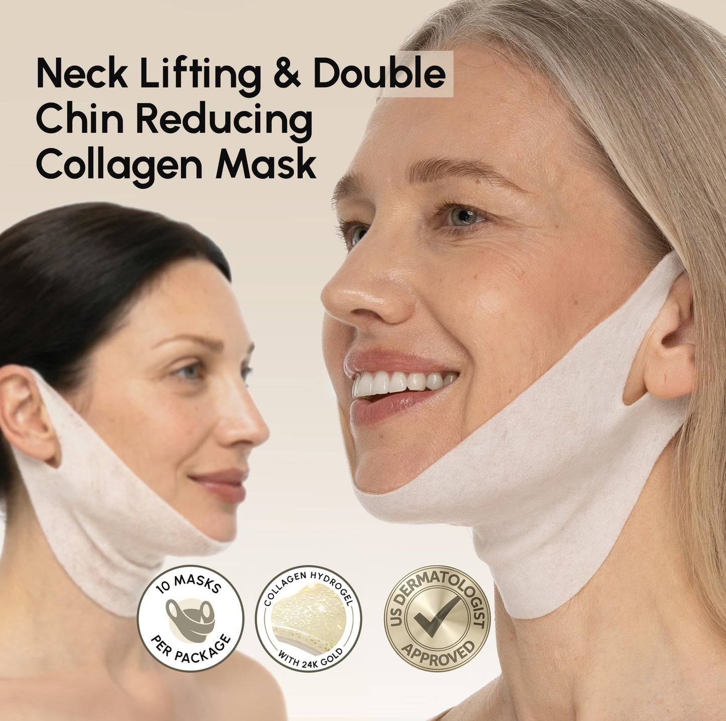 MAREE Chin Strap V Line Lifting Mask - 24K Gold Face & Neck Lift Tape Mask - Double Chin Strap for Sleeping - Neck Wrinkle Patches Reducer & Jawline Shaper for Firming, Tightening & Lifting - 10 PCS