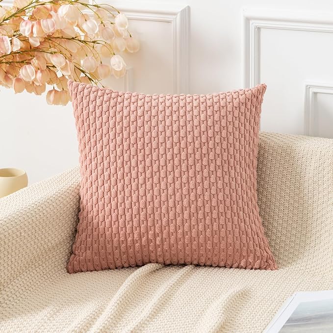 Kevin Textile Throw Pillow Covers Soft Corduroy Decorative Set of 2 Boho Striped Pillow Covers Pillowcases Valentines Day Home Decor for Couch Bed Sofa Living Room 18x18 Inch Baby Pink