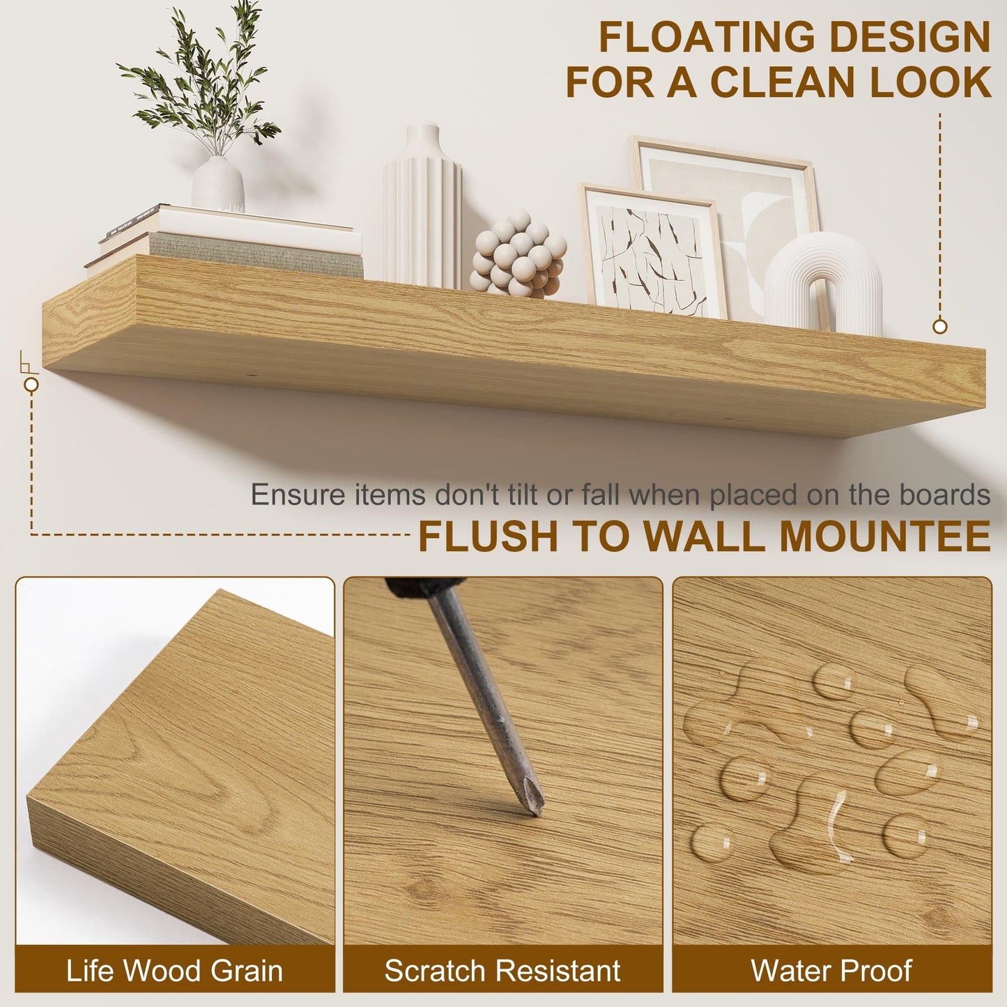 Fun Memories Floating Shelves for Wall, 20Inch Floating Shelves Set of 2, Hanging Shelf with Invisible Brackets, Wood Shelves for Living Room, Bedroom, Kitchen, Oak