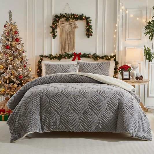 Gray Fluffy Sherpa Queen Size Blanket, Fuzzy Cozy Soft Faux Fur Bed Blanket with Pillowcases, Shaggy Velvet Thick Warm Plush Bedding for Winter (Grey, 88x88 inches + 2 Pillowcases)