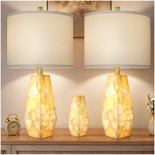 Scenekoy 23" Alabaster Table Lamps Set of 2, Modern Desk lamp with Night Light for Living Room, Rotary Switch, Bedside Lamp with Linen Shade for Bedroom Living Room Office (Bulb Included)