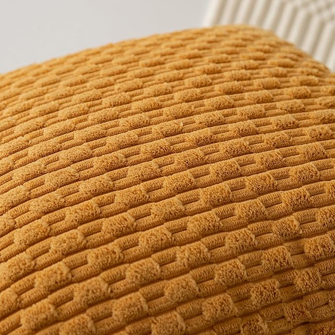 Kevin Textile Throw Pillow Covers Soft Corduroy Decorative Set of 2 Boho Striped Pillow Covers Pillowcases Farmhouse Home Decor for Couch Bed Sofa Living Room 18x18 Inch Golden Yellow