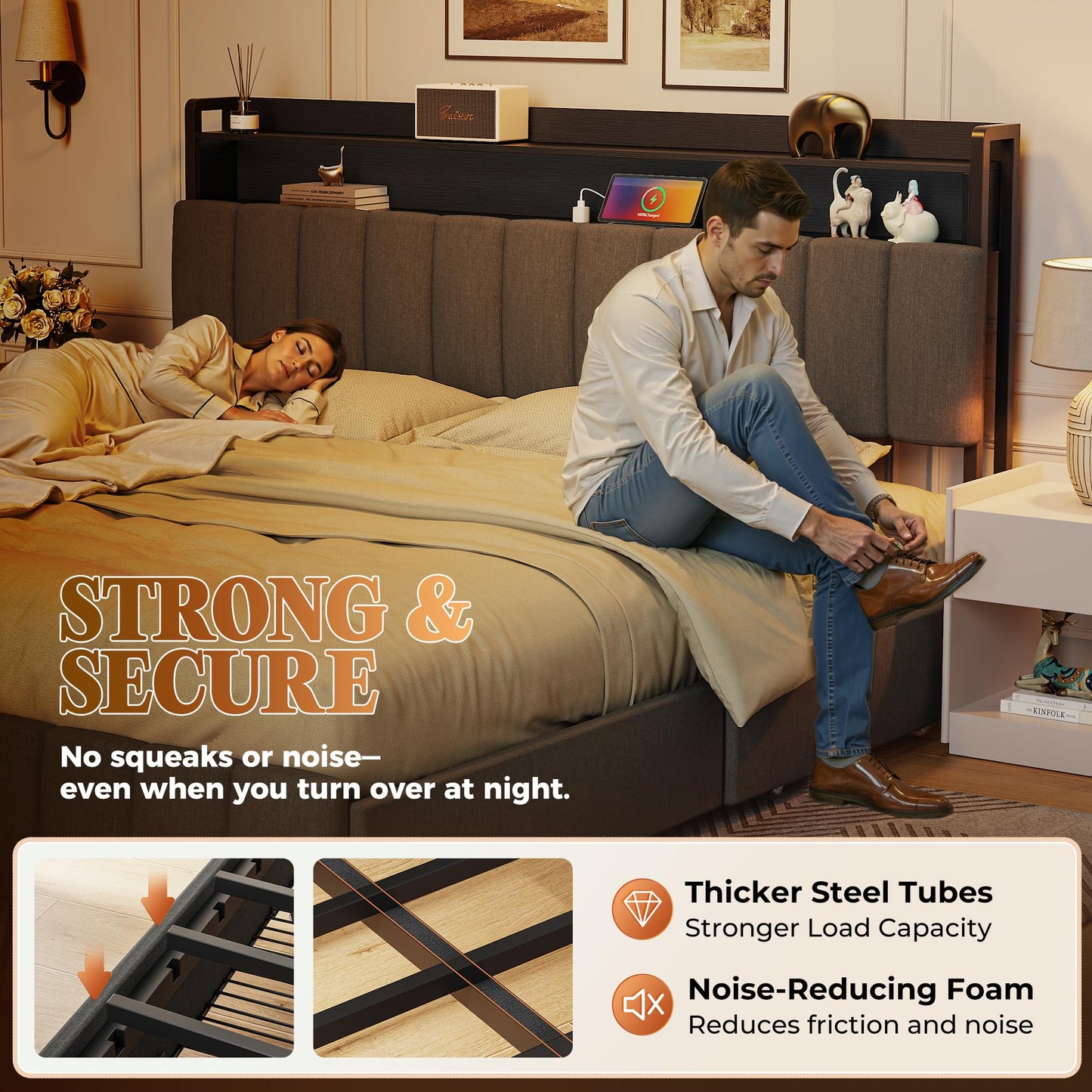 PRAISUN Bed Frame King Size with Upholstered Headboard & Charging Station, King Bed Frame with 4 Storage Drawers, 2-Tier Open Shelves, No Box Spring Needed, Slient Foam Strip, Easy Assembly, Grey