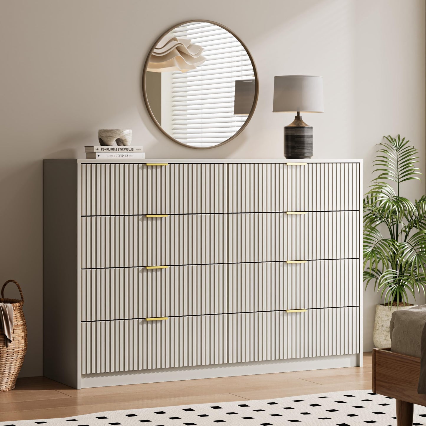 MAISONARIA 3-Piece Dresser Bedroom Set, 8 Drawer Dresser & 3 Drawer Nightstands with Gold Handles, Fluted Wood Chest of Drawers for Bedroom, Living Room, Entryway, Beige
