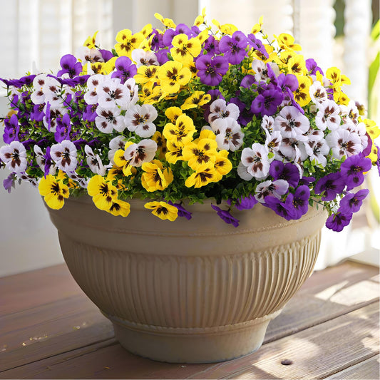 Rowfad 18 Pcs Artificial Fake Pansy Flowers for Outdoor, Faux Silk Pansies Spring Flowers for Outside for Planter Front Door Porch Yard Patio Window Box Home Decor (18, Purple, Yellow, White)
