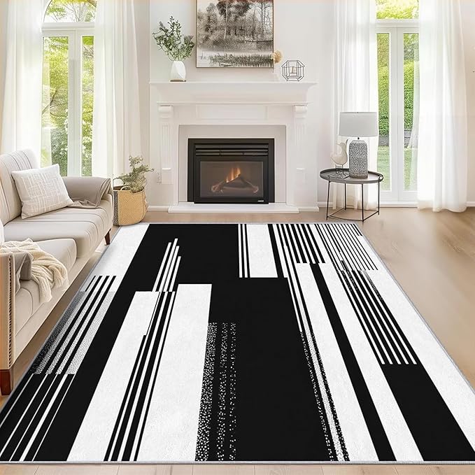 Black and White Stripe Rugs for Home Decor, 5x8 ft, Modern Stripes Area Rugs for Living Room, Soft Non Slip Washable Abstract Striped Carpet Bedroom Decorations Dt-Ghf-31