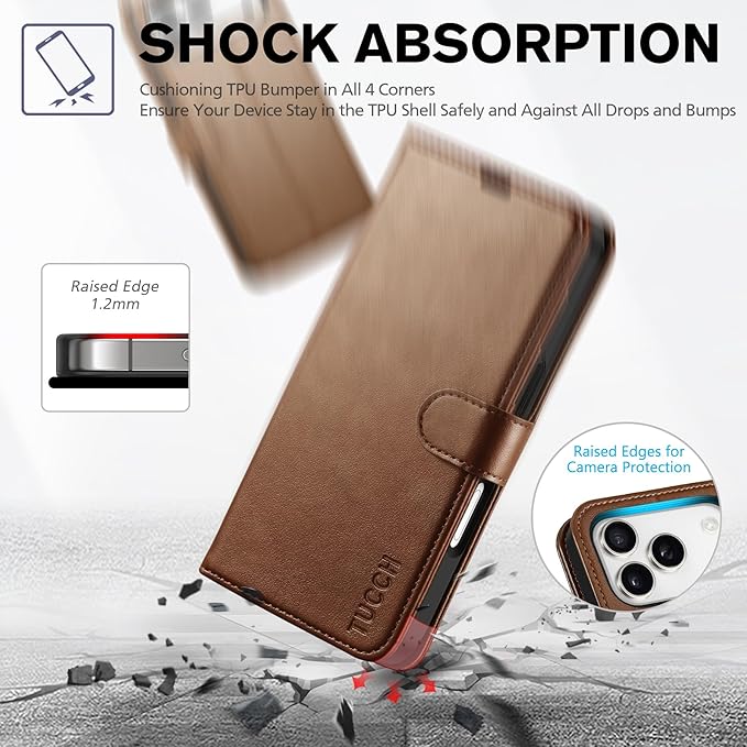 TUCCH Wallet Case for iPhone 17 Pro (6.3") 2025, 4 Card Slots | RFID Blocking | Stand | PU Leather | Magnetic Closure | Protective Flip Folio Cover | Shockproof TPU Shell | Brown