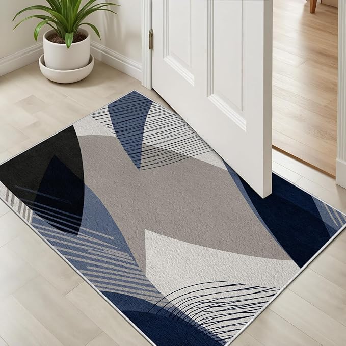 Abstract Art Line Living Room Area Rugs 5x6, Modern Boho Geometric Print Soft Rug, Minimalist Washable Non Slip Neutral Carpet for Bedroom, Dining Room Office Playroom, Navy Blue Gray