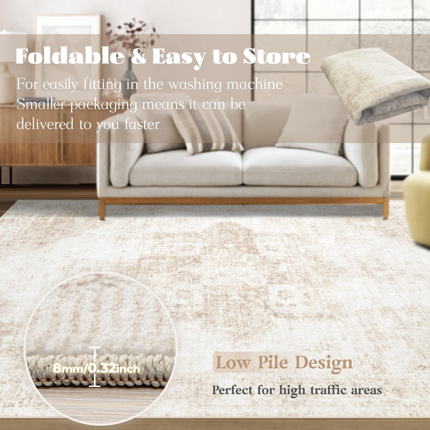 VECARF Area Rug 5x7 Washable Rug, Vintage Boho Medallion Rugs Non-Slip Soft Low Pile Large Distressed Rug Indoor Retro Carpet for Living Room Bedroom Dining Room Home Office (Beige, 5'x7')