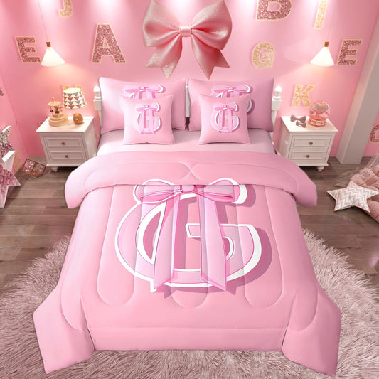 jejeloiu Dreamy Bow Bed Set, Queen Size, Decor Gifts for Women Teen Girl Ultra Soft Initial Letter G 7 Pieces Beeding Set, Monogrammed Bed in a Bag with Comforter, Sheets, Pillowcases Kawaii Pink