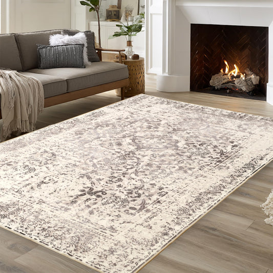 XWZO 5x7 Area Rugs Washable Rug for Living Room，Non-Slip Bedroom Rug Vintage Print Pattern Large Carpet for Office Dining Room Low Piles Indoor Carpet,Beige/Grey,5x7