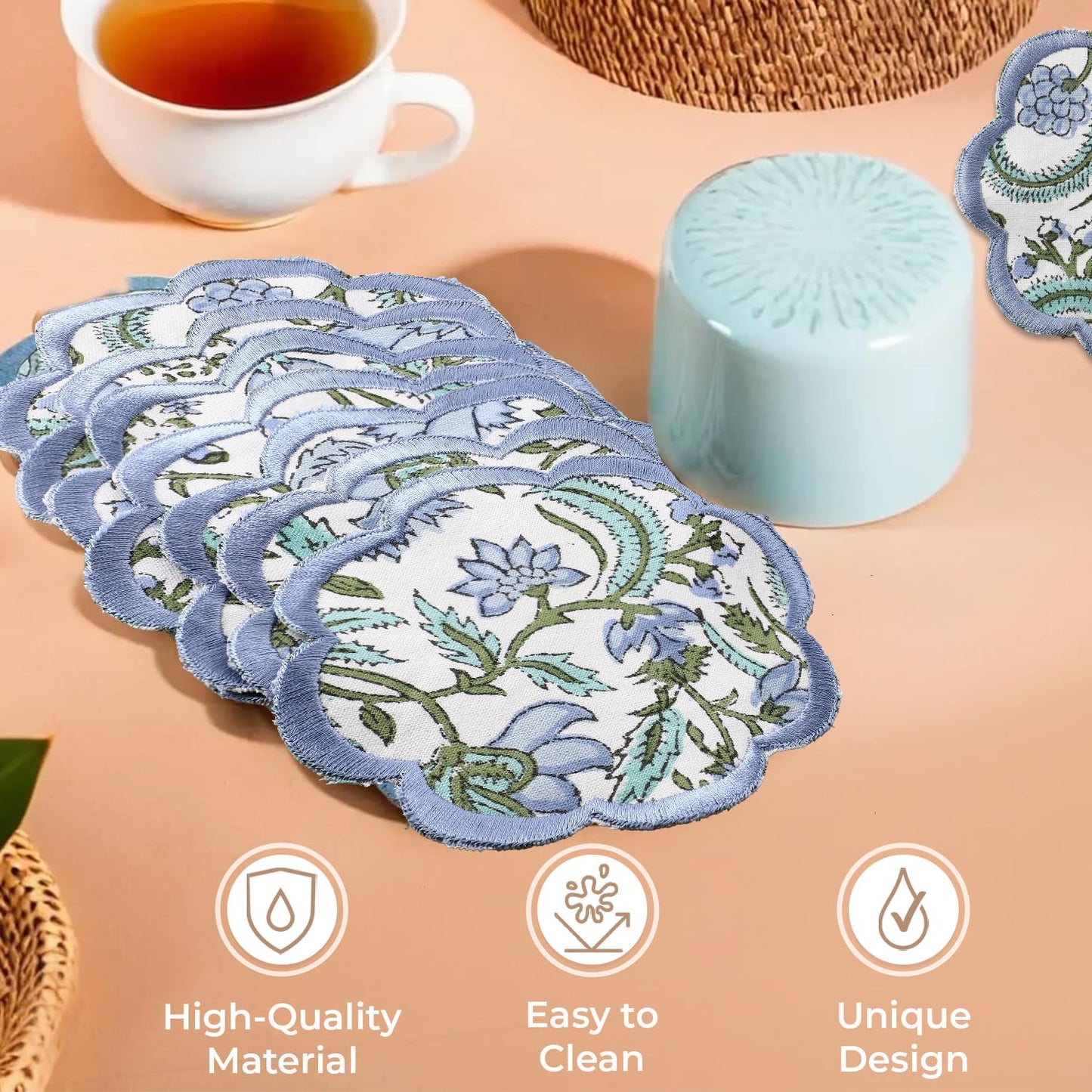 Ridhi Hand Block Print 8- pcs Canvas Cotton Drink Absorbent Stylish Embroidery Scallop Coaster Set Boho Modern Home Decor and Wooden Table Protection 5 inch Columbia Blue