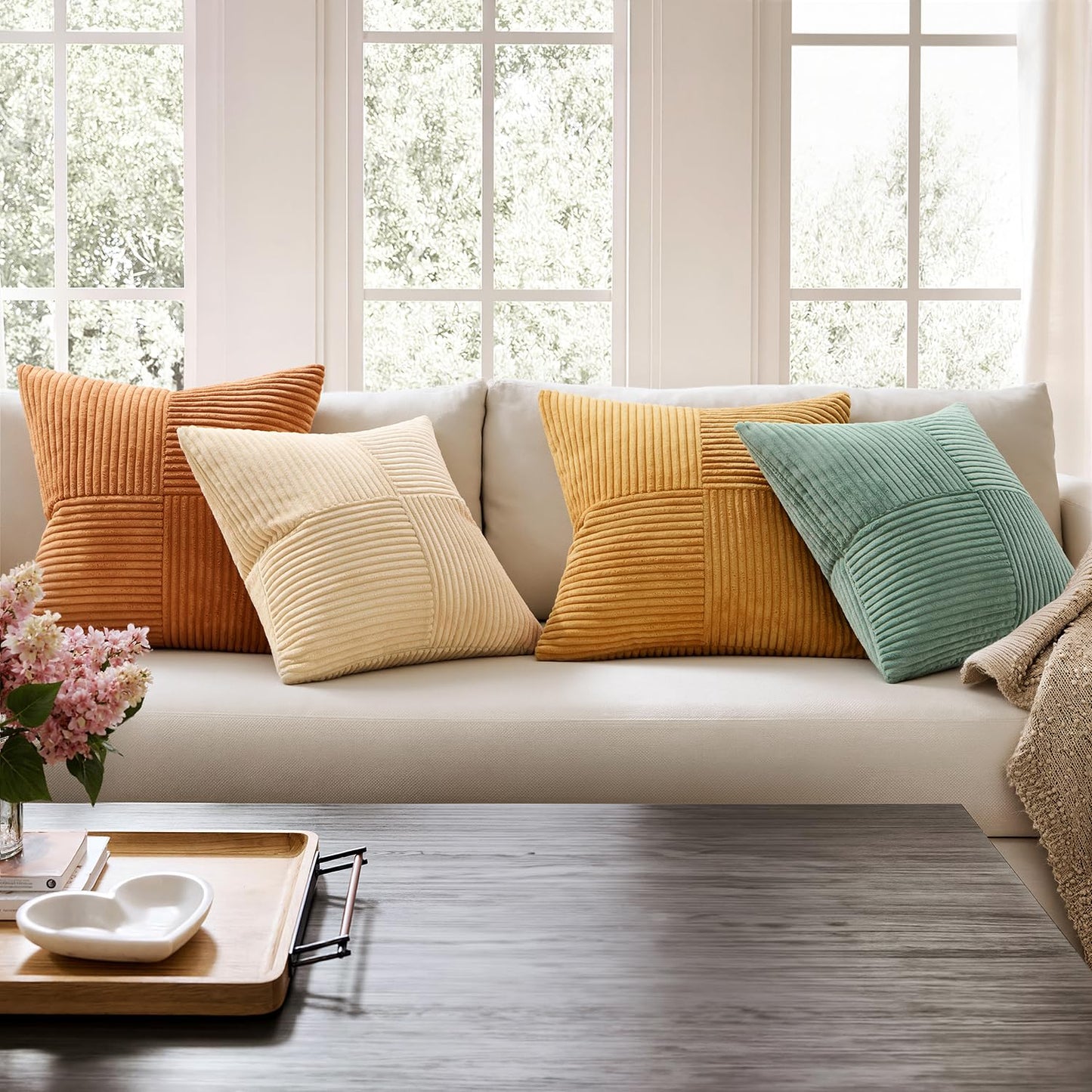ANRODUO Pack of 4 Decorative Throw Pillows for Couch Orange Teal 18x18 Inch Boho Cozy Soft Corduroy Cushion Covers Farmhouse Accent Pillowcases for Mid Century Summer Home Decor Sofa Bed Living Room
