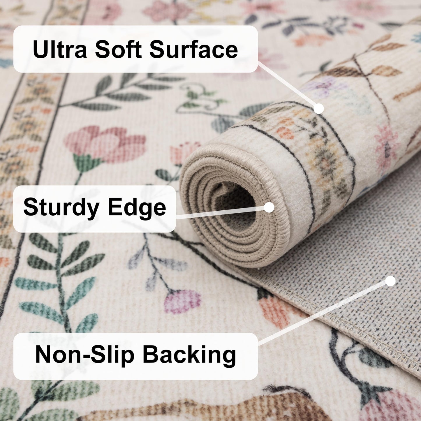 RCTJHOME 5x7 Beige Floral Nursery Kids Washable Area Rug Non-Slip Carpet