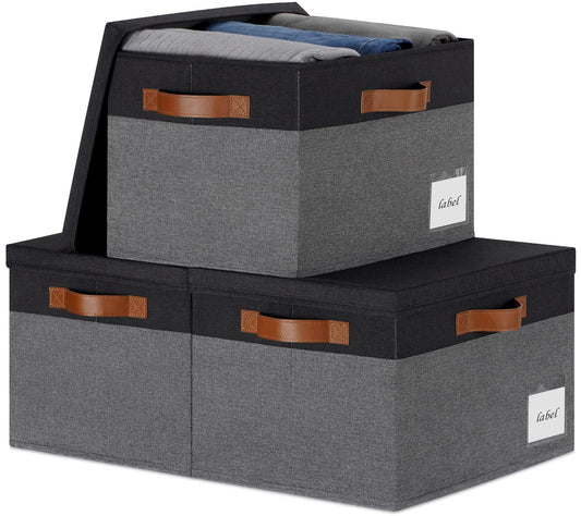 PFFVRP Large Storage Bins with Lids, Foldable Fabric Storage Baskets with Lids, Sturdy Storage Boxes with Labels and 3 PU Handles for Closet Home Bedroom Office (26L, 3 Packs, Grey&Black)