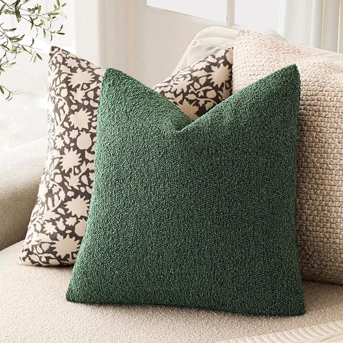 Foindtower Decorative Textured Boucle Throw Pillow Covers Accent Solid Pillow Cases Neutral Soft Cozy Couch Cushion Case for Chair Sofa Bedroom Living Room Home Decor 18x18 Inch,1PC,Pine Green