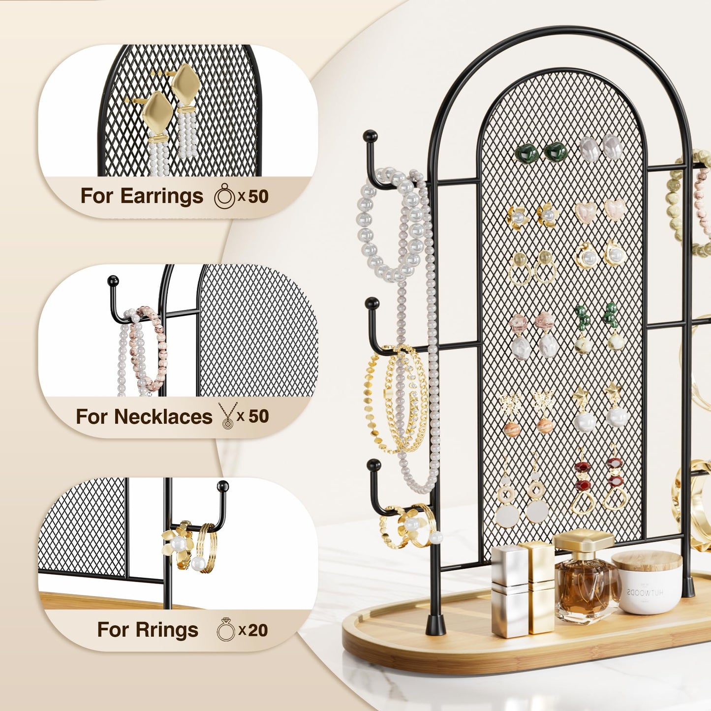 bussdis Jewelry Holder Organizer Earring Display - Earring Storage Tree Stands Towers With 6 Hooks 300 Studs Wood Tray Black Metal Rack