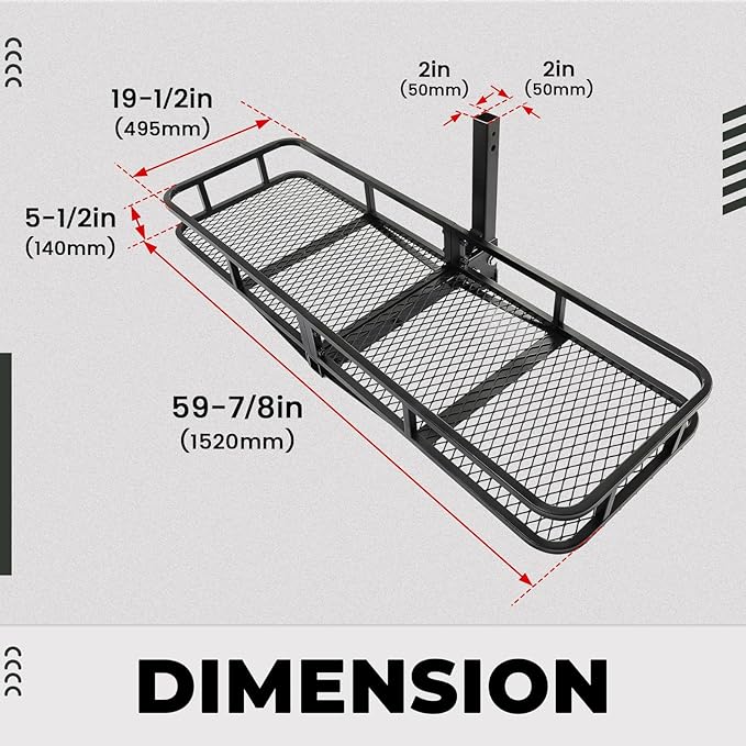 KUAFU 60"x19.5"x5.5" Folding Hitch Mount Cargo Carrier Rear Luggage Basket Fit 2" Receiver for Van, SUV, Truck, Trailer, Car Fold Up Trailer Tow Hitch Cargo Rack 550LBS Capacity