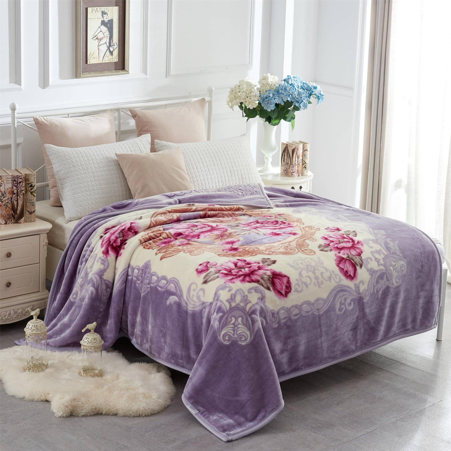 JYK Korean Faux Mink Fleece Blanket 83" X 91", 5.7 LB - 2 Ply Reversible Soft Warm Plush Flannel Blanket, A&B Pattern Printed Embossed Microfiber Blanket, (Light Purple Peony/Peony, King)
