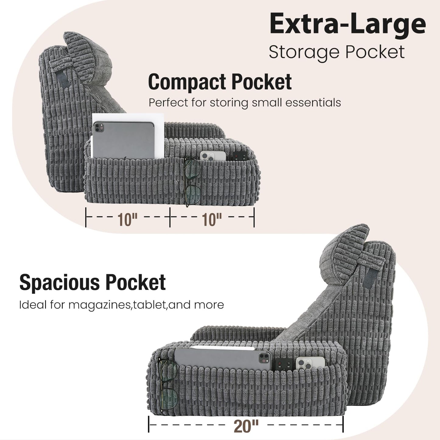 Selectico 19" Reading Pillow for Bed with Built-in Arms & Large Pockets, Supportive Backrest Cushion for Reading, Resting, or Reclining, Washable Cover – Grey