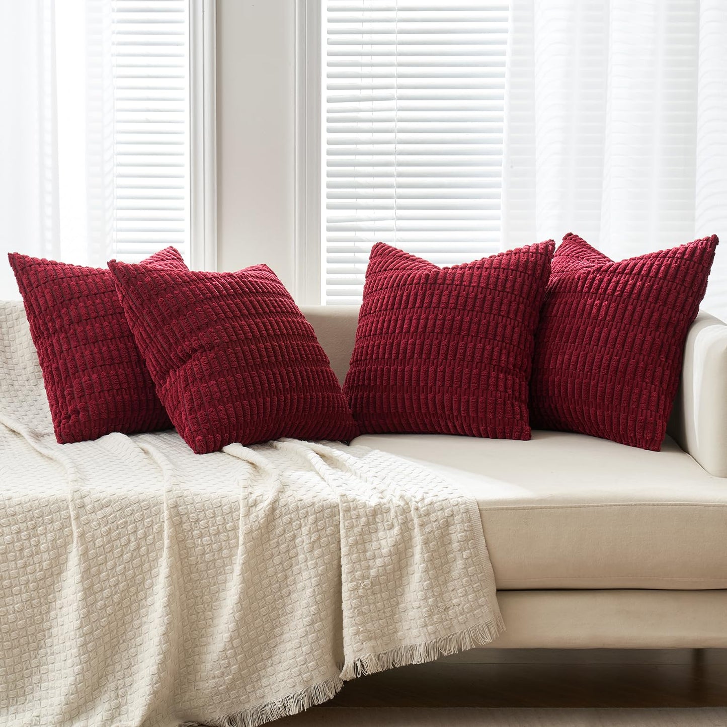 MIULEE Pack of 4 Christmas Wine Red Corduroy Decorative Throw Pillow Covers 18x18 Inch Soft Boho Striped Pillow Covers Modern Farmhouse Home Decor for Sofa Living Room Couch Bed