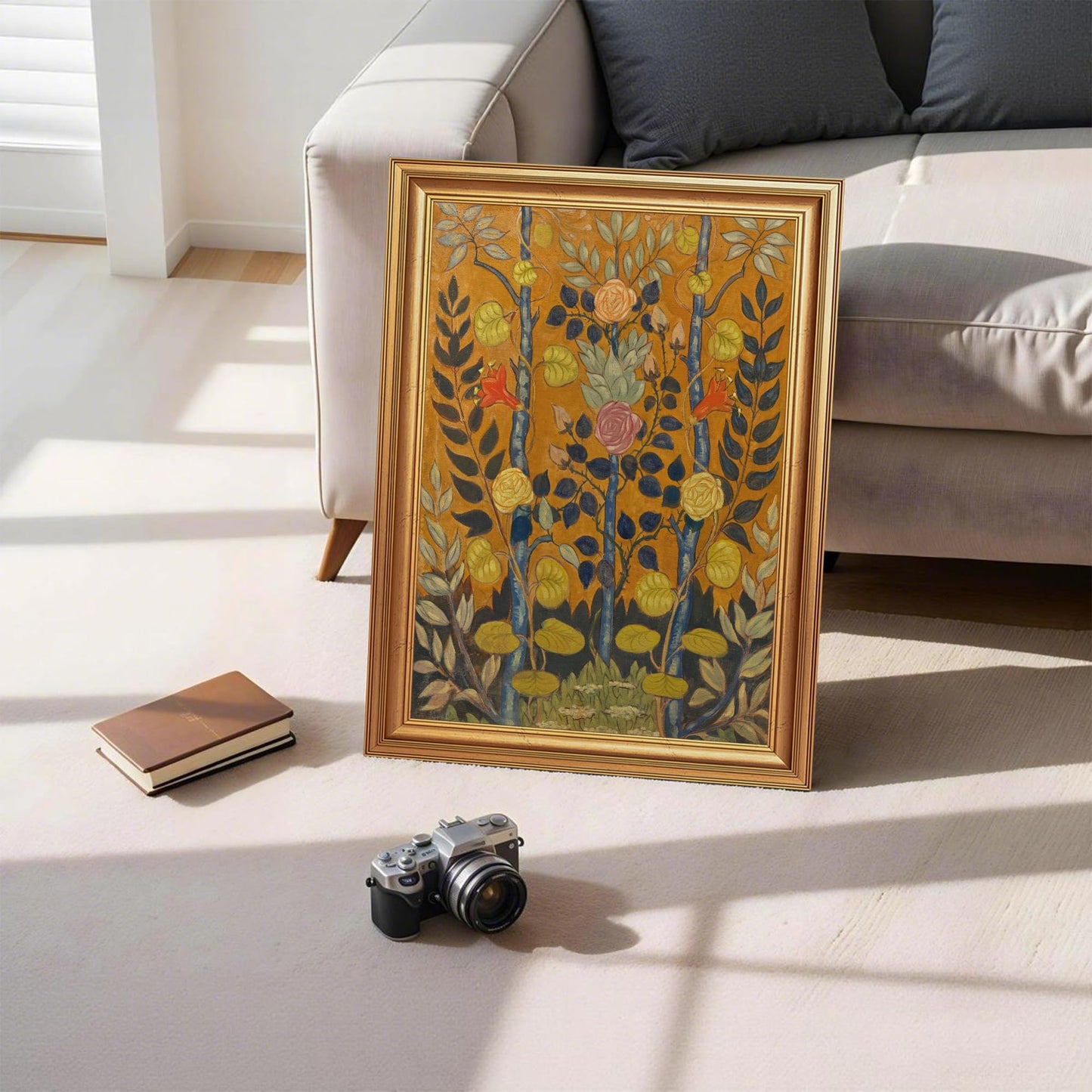EJPFOGV Art Nouveau Botanical Framed Wall Art on Orange Background 16x24 in