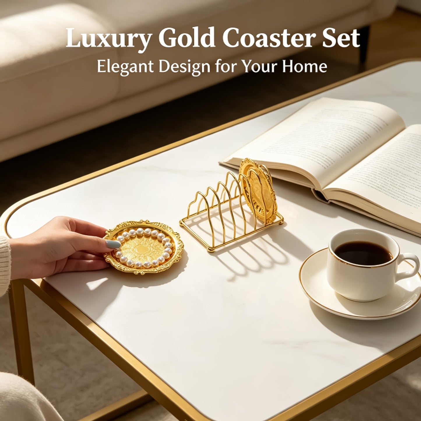 Luxury Gold Coasters Set, 6-Piece Hotel Style Drink Coasters with Holder, Elegant Gold Room Accessories for Bar & Coffee Table Decor