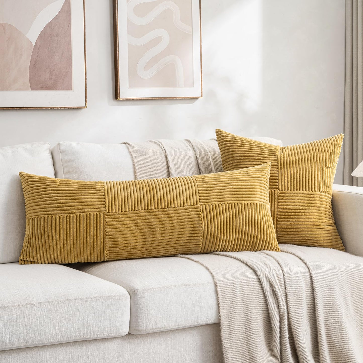 Fancy Homi 2 Packs Mustard Yellow Decorative Throw Pillow Covers 20x20 Inch for Living Room Couch Bed Sofa, Farmhouse Boho Home Decor, Soft Corss Corduroy Patchwork Accent Square Cushion Case 50x50 cm