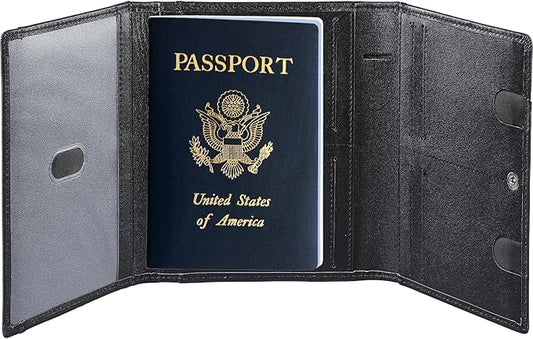 STAR VISTA Pilot Passport Wallet, Calfskin Leather Trifold Travel Documents Organizer, RFID Blocking, Dual ID Windows, Multiple Card Slots, AirTag Slot, Black