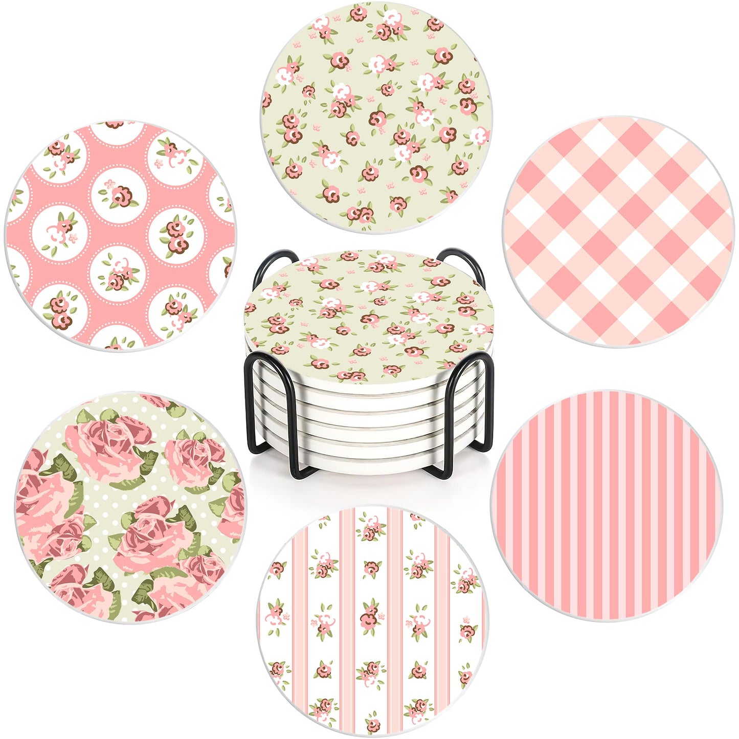 Drink Coasters,6 Pcs Shabby Chic Flower Coffee Cup Mat with Storage Holder, Durable Ceramic Coaster Set for Hot & Cold Beverages