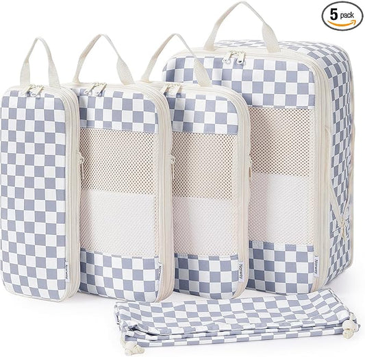 Narwey 5 Set Compression Packing Cubes for Travel, Luggage Packing Organizer Bags for Carry on Suitcase, Expandable Checkered Storage Bags with Laundry & Handle (Grayish Blue Checkerboard)