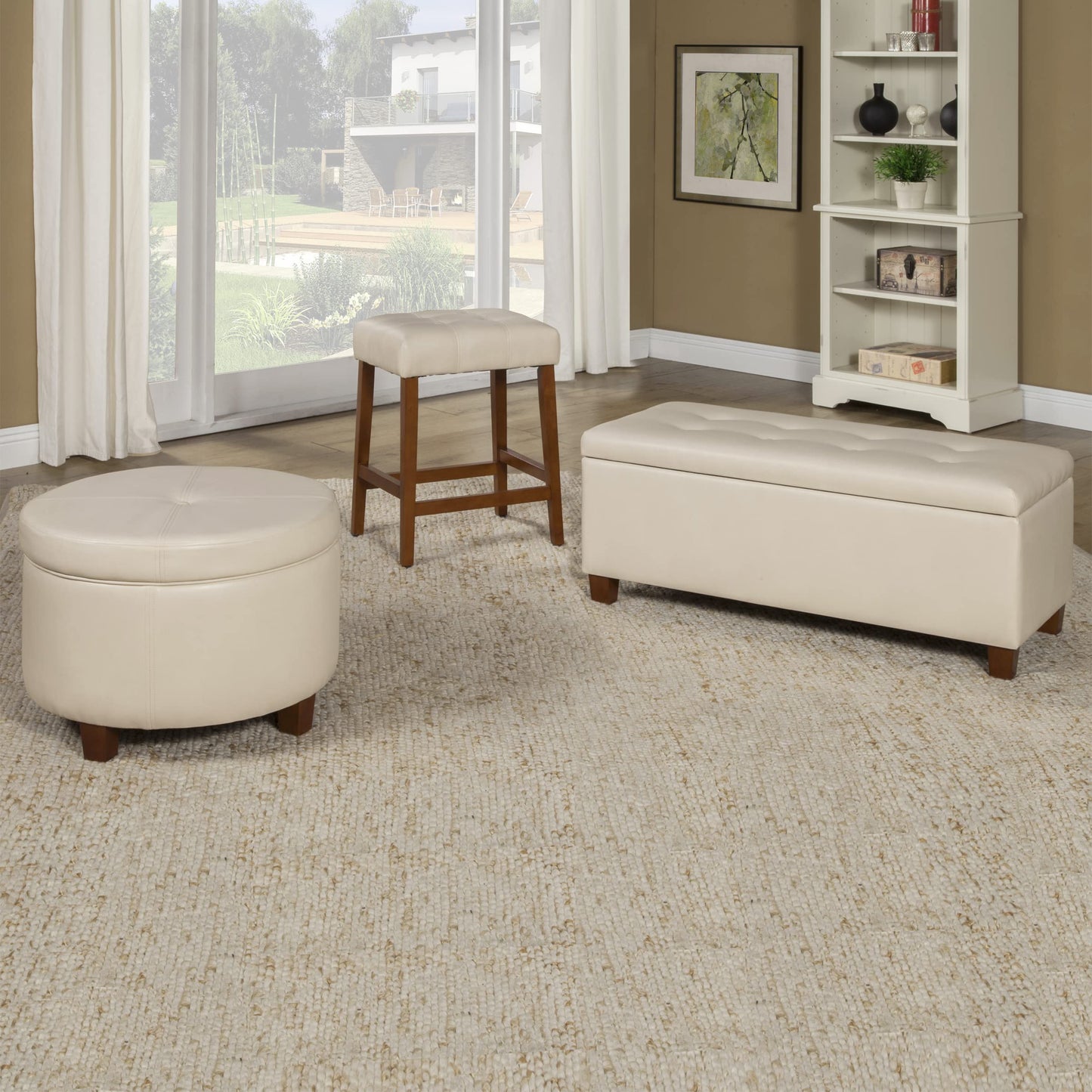 HomePop 24" Large Leatherette Round Storage Ottoman - Cream Faux Leather