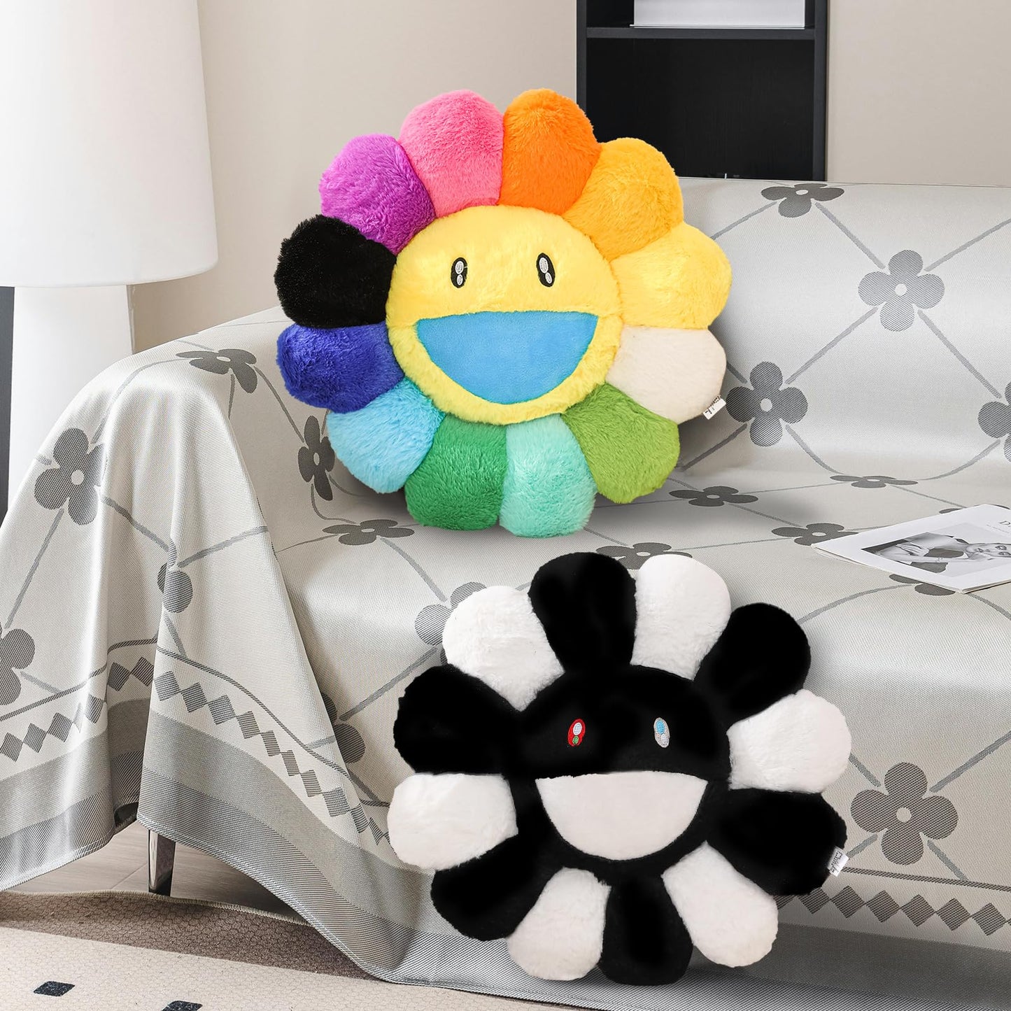 FIONOUT Cute Smile Face Flower Pillow - Soft Fluffy Sunflower Plush Pillow for Girls, Cozy Floor Cushion & Bedroom Decor Gift for Chair/Couch/Car