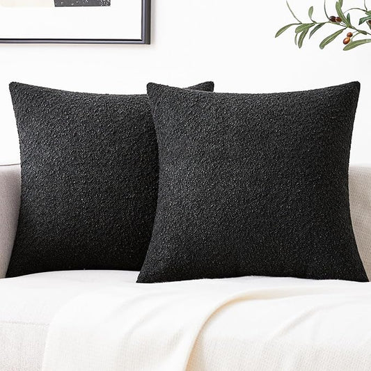 Mixhug Decorative Boucle Throw Pillow Covers, Black, 18 x 18 Inches, Pack of 2 - Textured Boho Pillow Covers for Couch and Bed