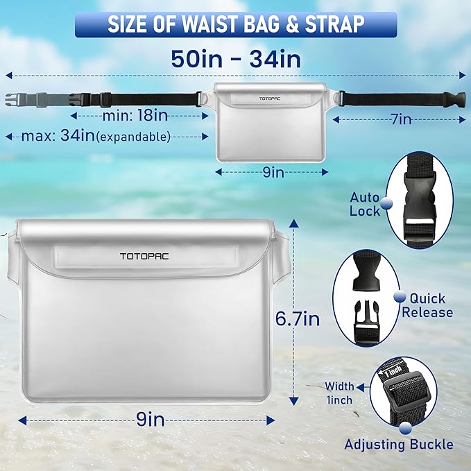 2-Pack Waterproof Fanny Pack, Phone Pouch with Waist Strap, 9x6.7 Inch Dry Bag for Phone, Cash, and Valuables – for Swimming, Kayaking, Boating, Snorkeling, and Water Sports (2, Pink + White)