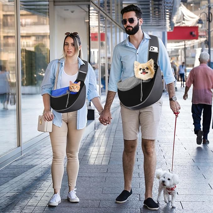 Pawaboo Dog Sling Carrier, Hand Free Breathable Mesh Bag for Puppy Cat, Drawstring Dog Papoose with Adjustable Strap and Pocket, Crossbody Satchel Dogs Purse for Outdoor Travel, M, Indigo