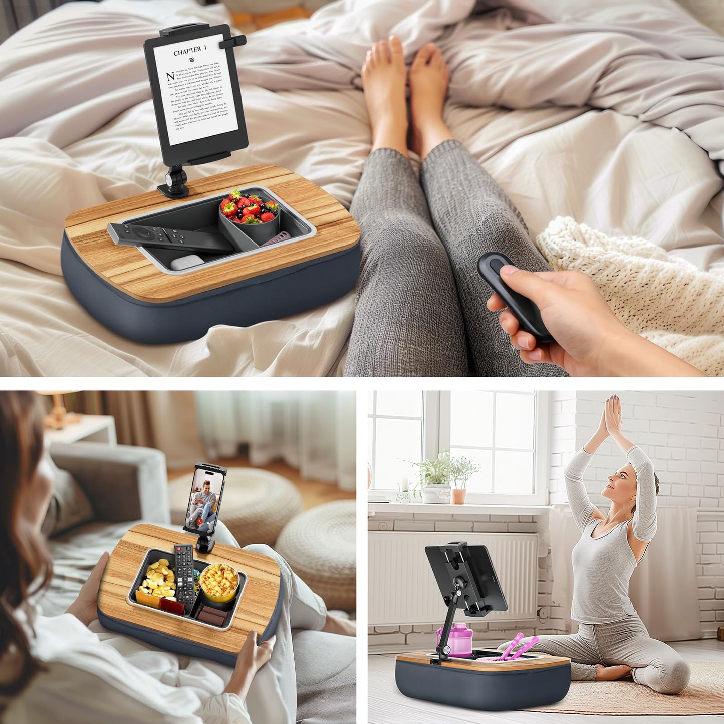 ERGONOV Tablet Pillow Stand for Lap Use,Adjustable iPad Holder with Snack Bowl,360° Rotating Clip for 4.7-13" Kindle,Phone,Tablet.Ideal for Hands-Free Reading and Relaxation on Bed,Couch,Recliner,Gray