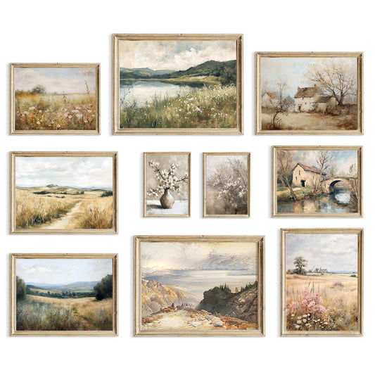 Aroutde 10Pcs French Country Canvas Wall Decor Vintage Spring Farmhouse Art Prints Floral Botanical Pictures Landscape Printing for Home Bedroom Decor (Unframed)