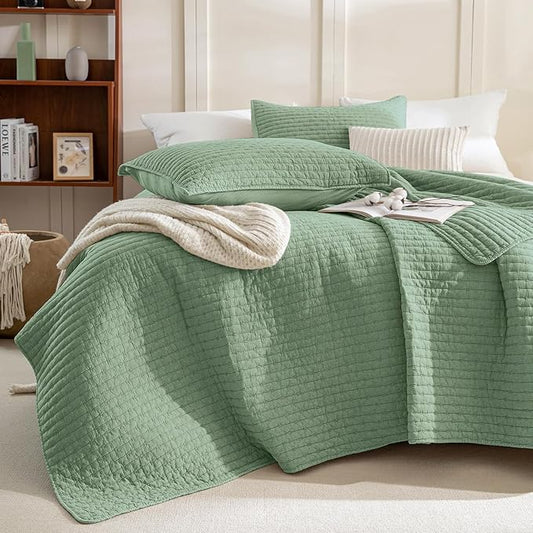 Sanracie Stonewashed Oversized King Quilt(120"x120"), Cotton Green Cross Stitch Pattern California King Quilt Sets 3Pcs Ultra Soft Breathable Crinkle Bed Coverlet Set for All Season