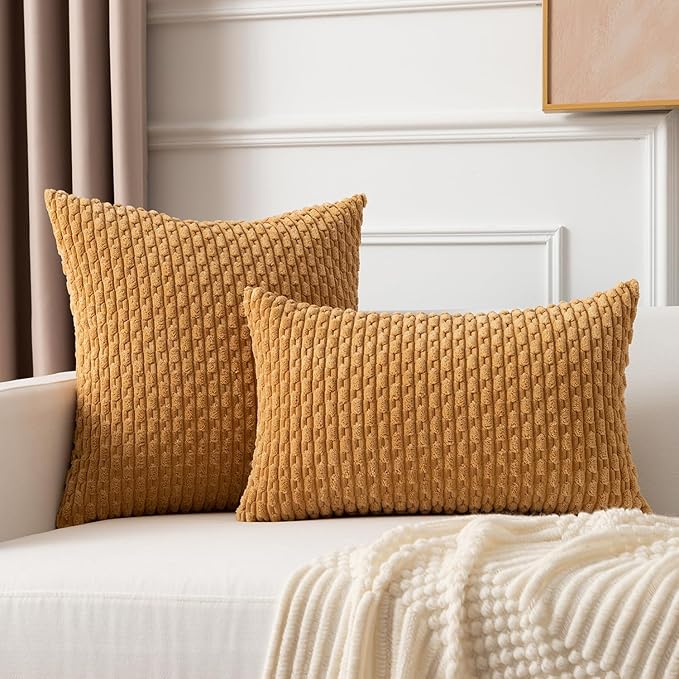 Kevin Textile Throw Pillow Covers Soft Corduroy Decorative Set of 2 Boho Striped Pillow Covers Pillowcases Farmhouse Home Decor for Couch Bed Sofa Living Room 22x22 Inch Gold