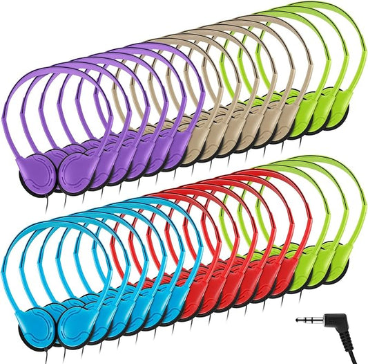 Yunsailing 30 Pack Bulk Over Ear Headphones Set On Ear Headsets Earphones with Adjustable Headband and 3.5mm Plug for Group Learning, Computer Lab, Library, Online Lesson (Vivid Color)